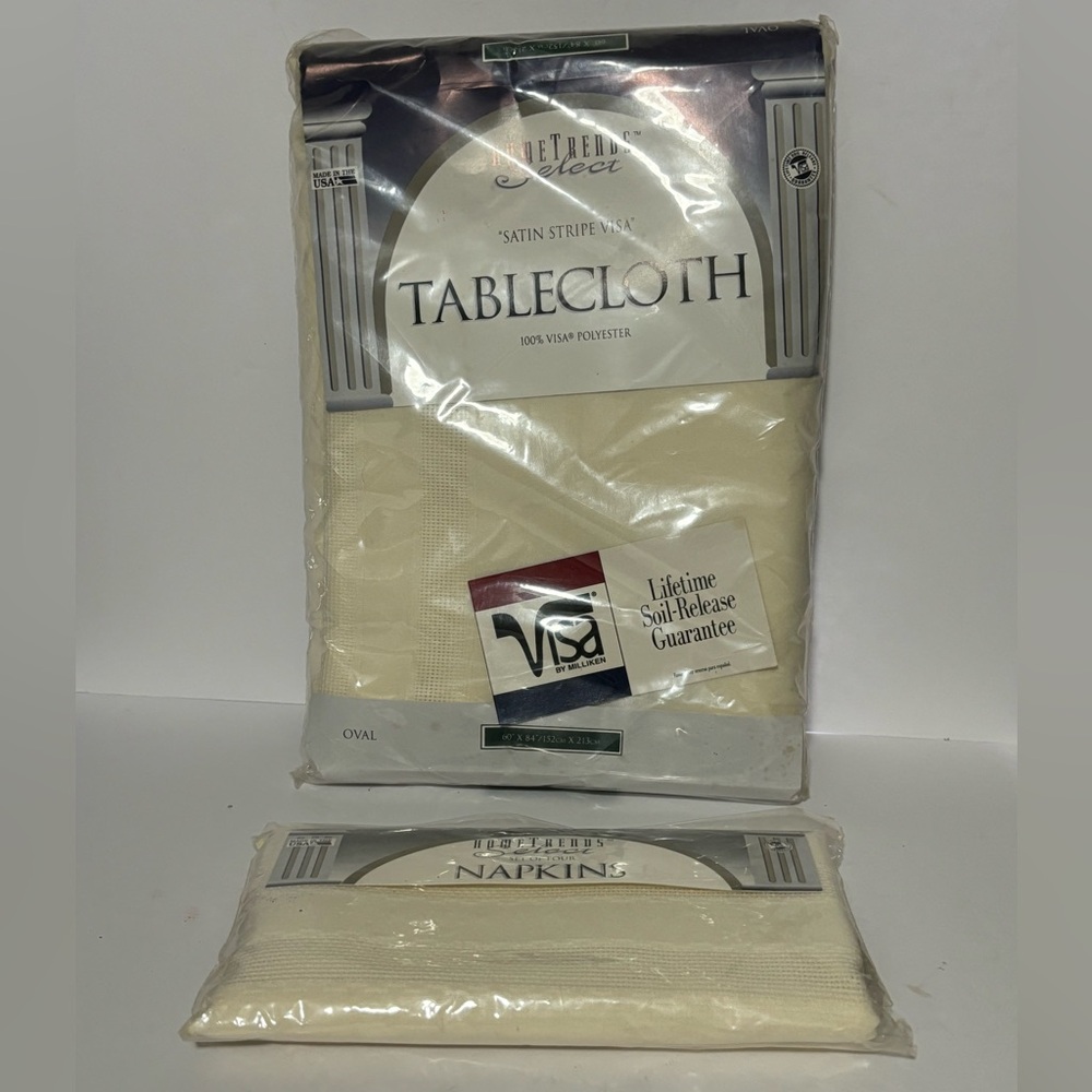 Hometrends Tablecloth w/ Napkins Select Satin Stripe Visa Bone Color 60 x 84 New